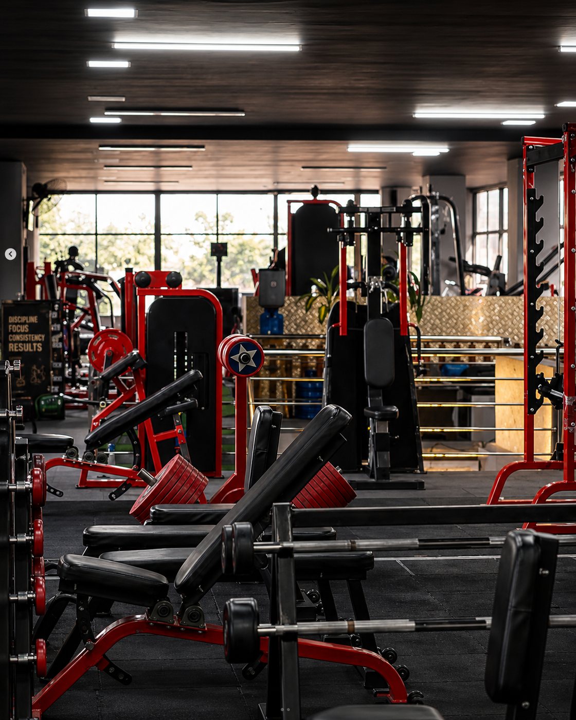 Weight training area with dumbbells
